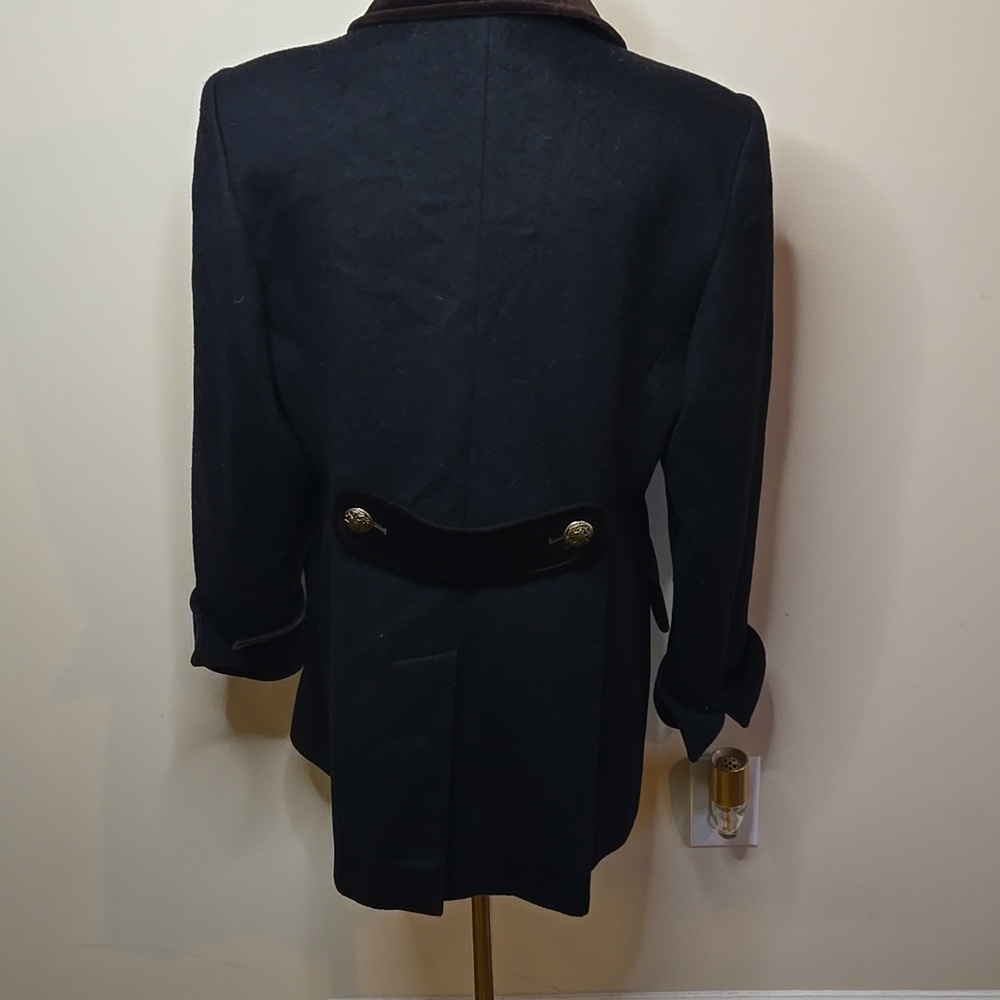 Vintage Black Wool Blend Double Breasted Jacket Gold Buttons Brown Velvet Trim M - Picture 8 of 10